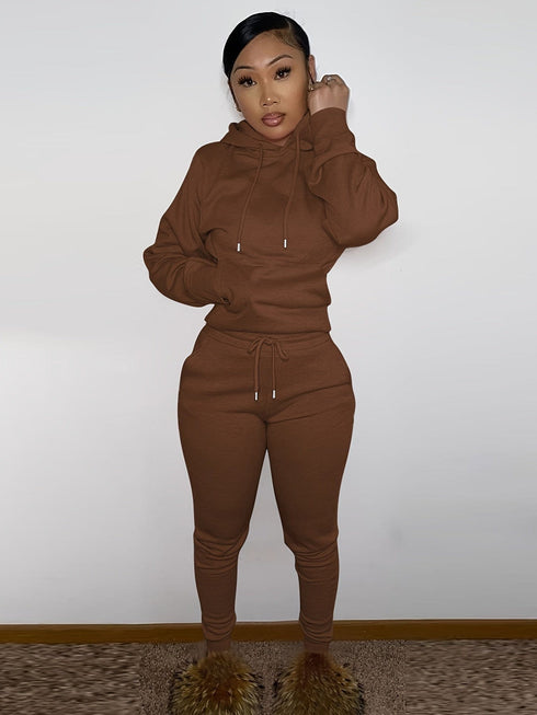 Solid Hooded Long Sleeve Tops Drawstring Pants Outdoor Sports Set