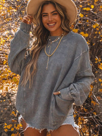 Solid Knit Off-Shoulder Sweater with Bishop Sleeves