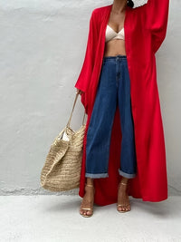 Solid Long Sleeve Loose Swim Robe Beach Cover Up Coat