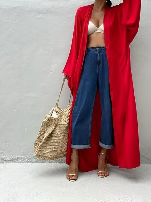 Solid Long Sleeve Loose Swim Robe Beach Cover Up Coat
