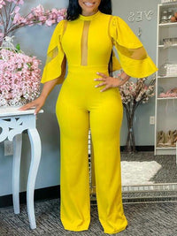 Solid Mesh Panel Irregular Sleeve Jumpsuit