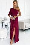 Solid Sloping Shoulder Slit Dress