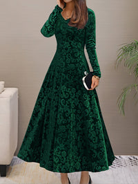 Solid Stylish V-Neck Flared Long Sleeve Maxi Dress