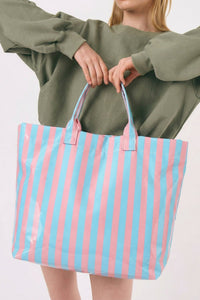 Women's Spacious Light Blue Striped Tote Bag for Women - Glossy Finish, Ideal for Everyday Essentials and Trendy Outings