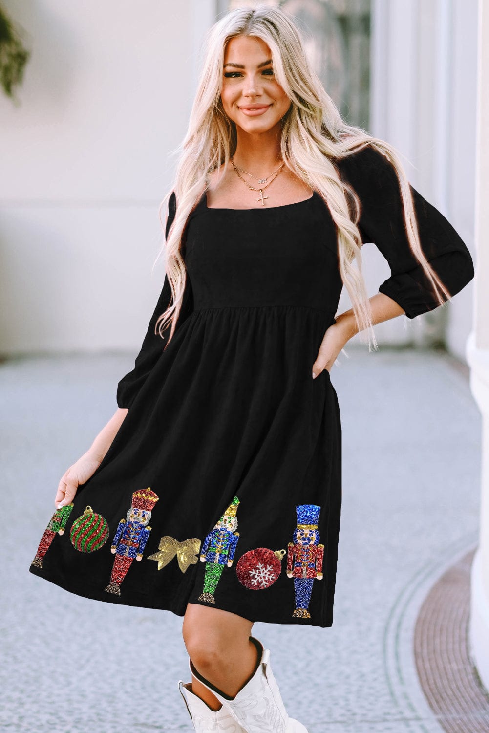 Shop Sparkling Black Christmas Nutcracker Square Neck Mini | MsDressly Shop Sparkling Black Christmas Nutcracker Square Neck Mini | MsDressly