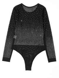 Sparkling Black Rhinestone Mesh Long Sleeve Bodysuit
