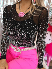 Sparkling Black Rhinestone Mesh Long Sleeve Bodysuit