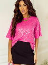 Sparkling Bright Pink Sequin Round Neck Top with Half Sleeves