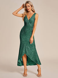 Sparkling Sequin V-Neck Sleeveless Evening Gown with Asymmetrical Hem