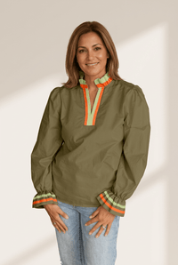 Women's Split Neck Cotton-Blend Ruffle Blouse in Olive
