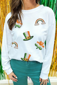 Women's St. Patrick's Day Sequin Graphic Long Sleeve Tee in White