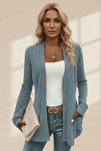 Women's Stone Blue Ribbed Longline Open-Front Cardigan