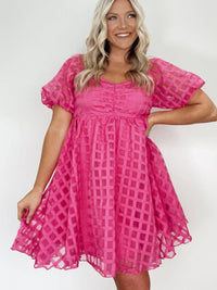 Women's Fuchsia Checkered Organza Babydoll Dress with Puff Sleeves