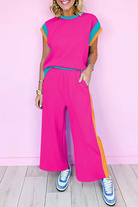 women's strawberry pink color block casual two-piece set for women - chic and comfy everyday outfit for effortless style with practical styling and