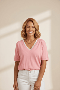 Women's Strawberry Pink Lace V-Neck Short Sleeve Knit Sweater