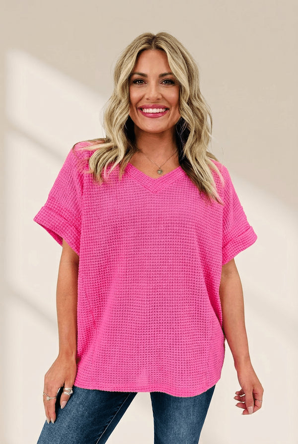 Women's Strawberry Pink Waffle Knit V-Neck Top with Cuffed Sleeves