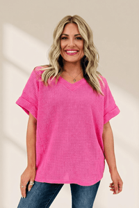 
Women's Strawberry Pink Waffle Knit V-Neck Top with Cuffed Sleeves