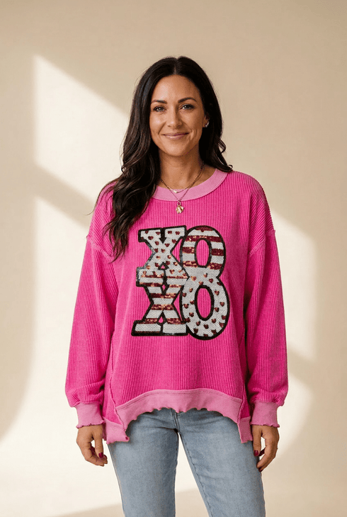 Women's Strawberry Pink XOXO Sequin Color Block Pullover Top