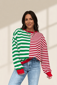 Women's Striped Color-Block Cotton Sweatshirt with Ruffled Cuffs