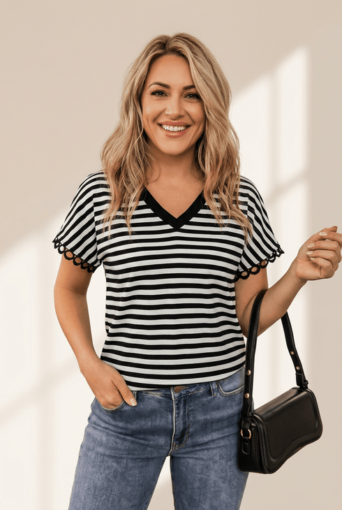 Women's Striped Cotton-Blend V-Neck Tee with Eyelet Sleeve Trim