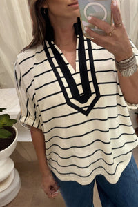 
Women's Striped Cotton Dolman Top with Contrast V-Neck Trim