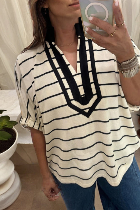 Women's Striped Cotton Dolman Top with Contrast V-Neck Trim