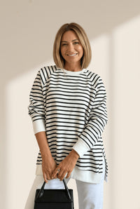 Women's Striped Cotton Raglan Sweatshirt with Side Slits