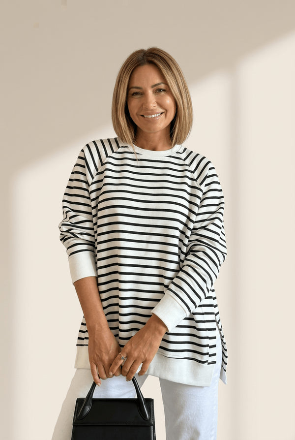Women's Striped Cotton Raglan Sweatshirt with Side Slits