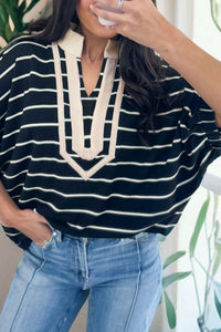 Women's Striped Dolman V-Neck Top with Contrast Stand Collar