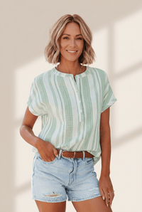 
Women's Striped Gauze Half-Button Blouse in Sage Green
