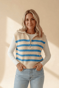 Women's Striped Half-Zip Ribbed Knit Sweater Vest
