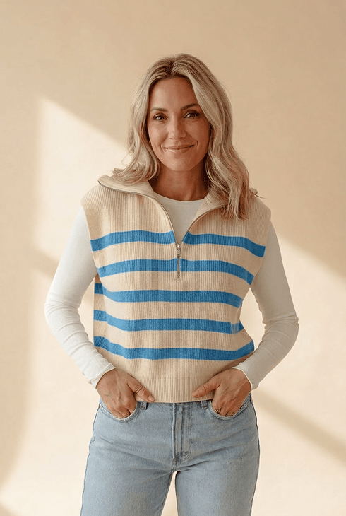 Women's Striped Half-Zip Ribbed Knit Sweater Vest