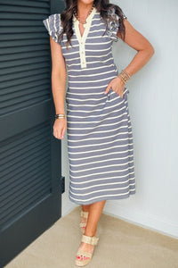 Blue Stripe Ruffled Short Sleeve Contrast Trim Button Notched Neck Midi Dress