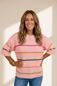Women's Striped Pink Short Sleeve Viscose Blend Sweater