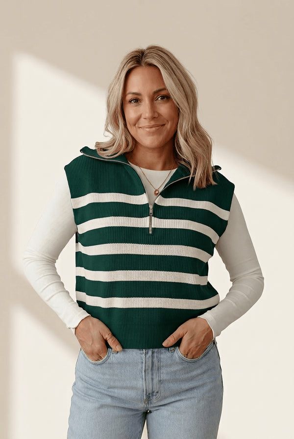 Women's Striped Ribbed Half-Zip Sweater Vest in Pine Green
