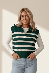 Women's Striped Ribbed Half-Zip Sweater Vest in Pine Green