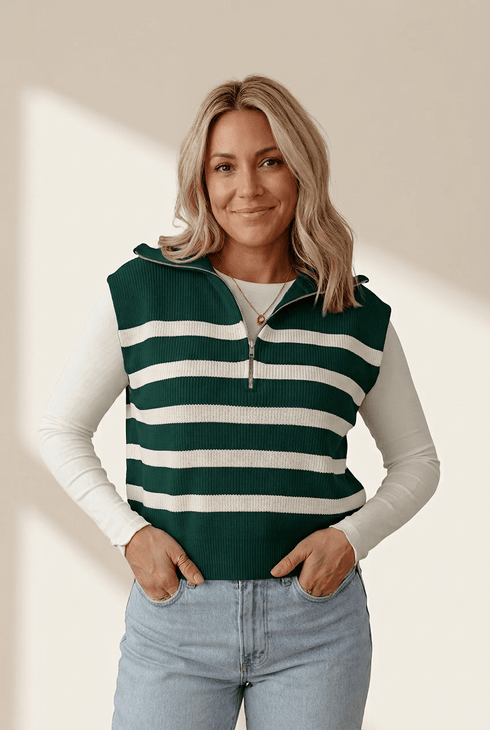 Women's Striped Ribbed Half-Zip Sweater Vest in Pine Green