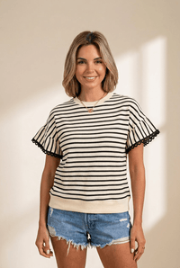 Women's Striped Ruffle Sleeve Knit Blouse in Cream and Black