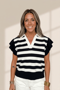 Women's Striped V-Neck Knit Blouse with Flutter Sleeves