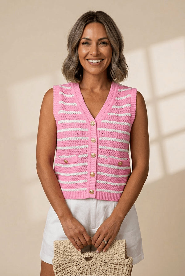 Women's Striped V-Neck Knit Sweater Vest with Gold Accents