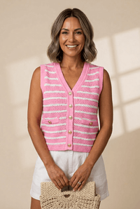 Women's Striped V-Neck Knit Sweater Vest with Gold Accents