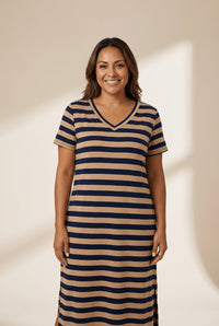 Striped V-Neck Maxi Dress with Side Slits in Camel & Navy