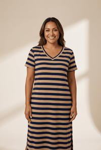 Striped V-Neck Maxi Dress with Side Slits in Camel & Navy