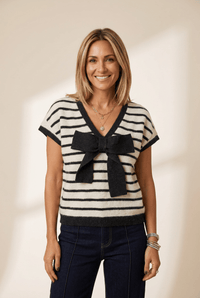 Women's Striped V-Neck Short Sleeve Sweater with Oversized Bow