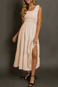 Women's Stylish Apricot Midi Dress for Women with Shirred Pleats and Square Neckline - Perfect Sleeveless Summer Outfit