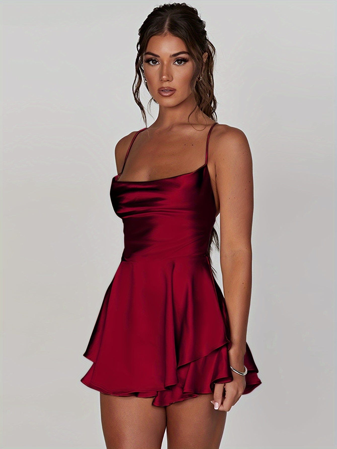 Shop Champagne Satin Tiered Cowl Neck Backless Mini Dress