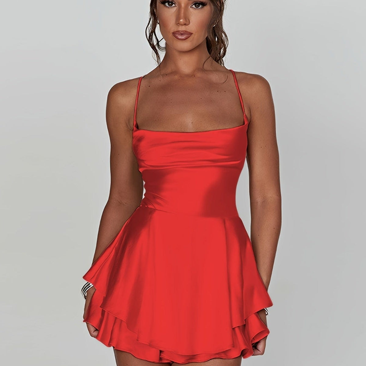 cowl neck a-line mini dress in red Shop Champagne Satin Tiered Backless color_red This versatile piece combines Fashion Size:S Cute Black One Shoulder