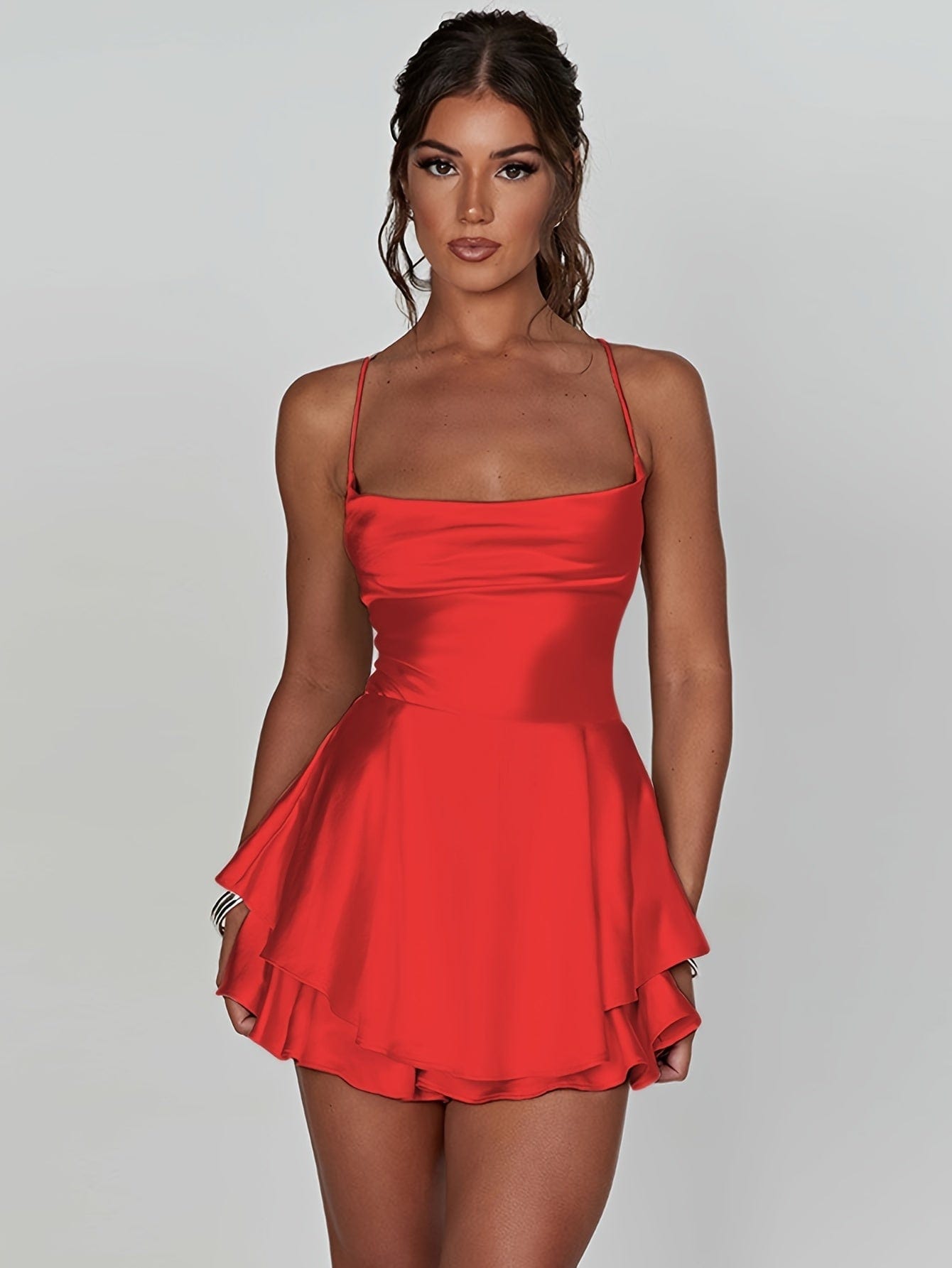 Shop Champagne Satin Tiered Cowl Neck Backless Mini Dress