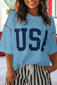 Women's Stylish Beau Blue Women's Loose Fit Ribbed Half Sleeve Graphic Tee - Trendy Casual Top for Everyday Comfort and Style