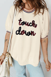 Women's Stylish Beige Sequin Letter Graphic Varsity Tee for Women - Comfortable Game Day Essential with Trendy Fit